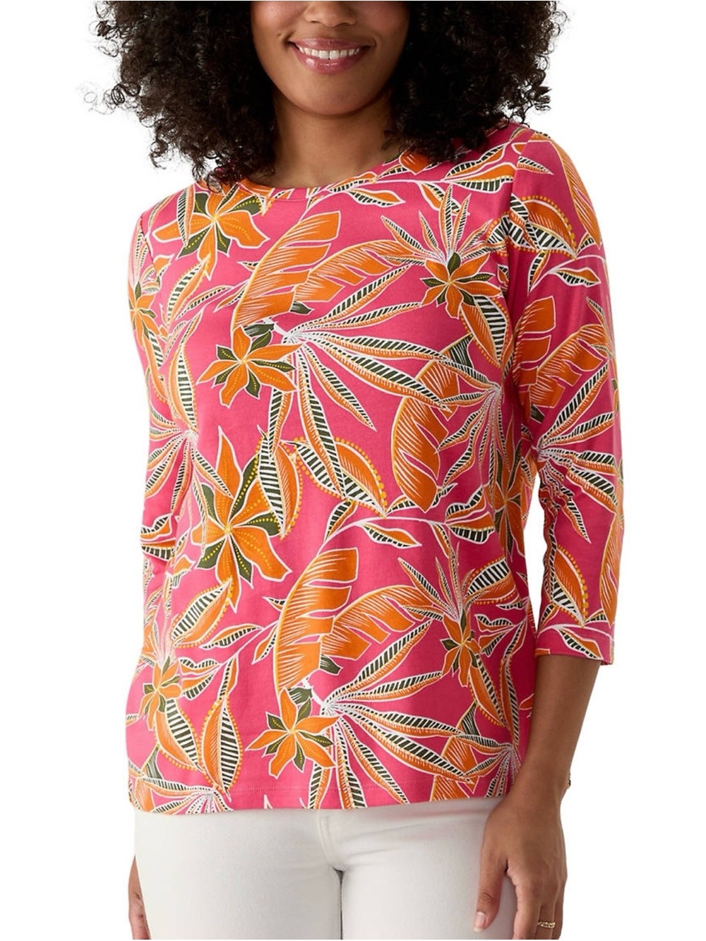 Tropical Pink & Orange Crew Neck Top “Floral Nature” by Kim Rogers Size XL & NWT